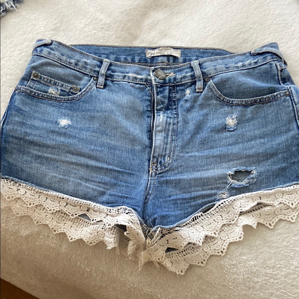 Women's Blue Denim Shorts with Lace Trim